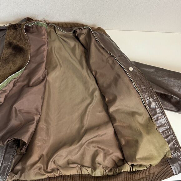 Vintage 80s Brown Leather Bomber Racing Jacket & Removable Faux Fur Liner L/48 - Picture 5 of 16